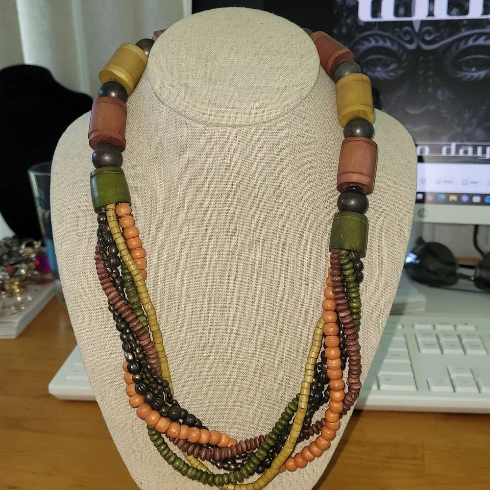 Chunky Multi Strand Wood Bead Necklace Earth Tone Boho Statement 23 Inch vtg